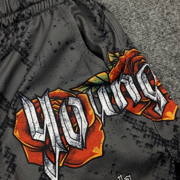 YoungLA Mesh Gym Shorts Mens Medium Skull Rose Snake Spellout Graphic Athletic - Picture 6 of 9